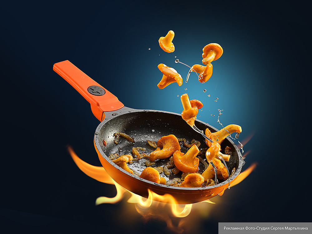 Рекламная Фото-студия Сергея Мартьяхина - Лисички на сковородке - фото для упаковки сыра